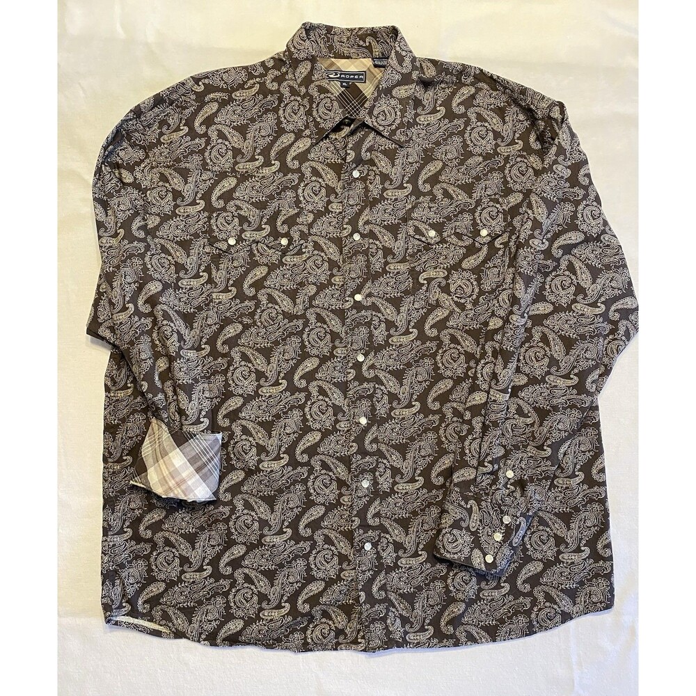 Roper Western Wear Pearl Snap Shirt Mens XL Brown Paisley Long Sleeve